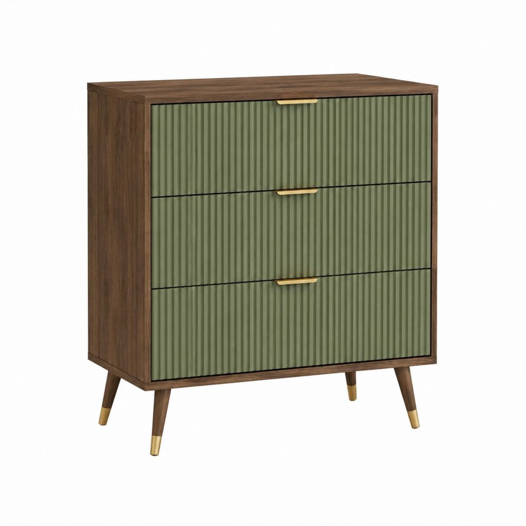 Commode basse rectangulaire 3 tiroirs vert olive et noyer en panneaux MDF 80 x 40 x 95 cm