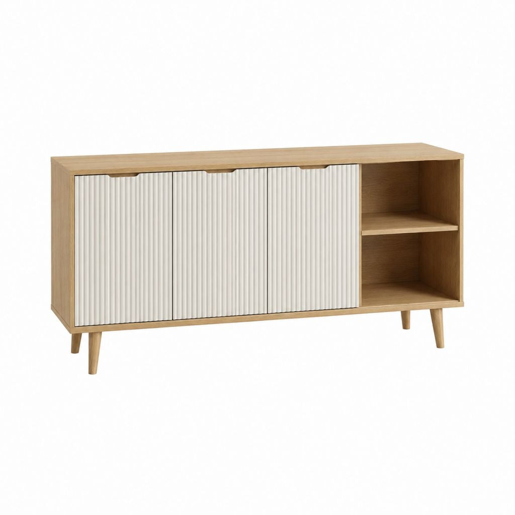 Meuble TV 3 portes en panneaux de particules chêne clair et beige rectangulaire 120 x 40 x 75 cm