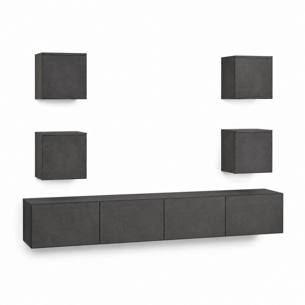 Ensemble mural meuble TV 5 pièces gris anthracite en panneaux de particules mélaminés meuble bas 160 x 30 x 30 cm