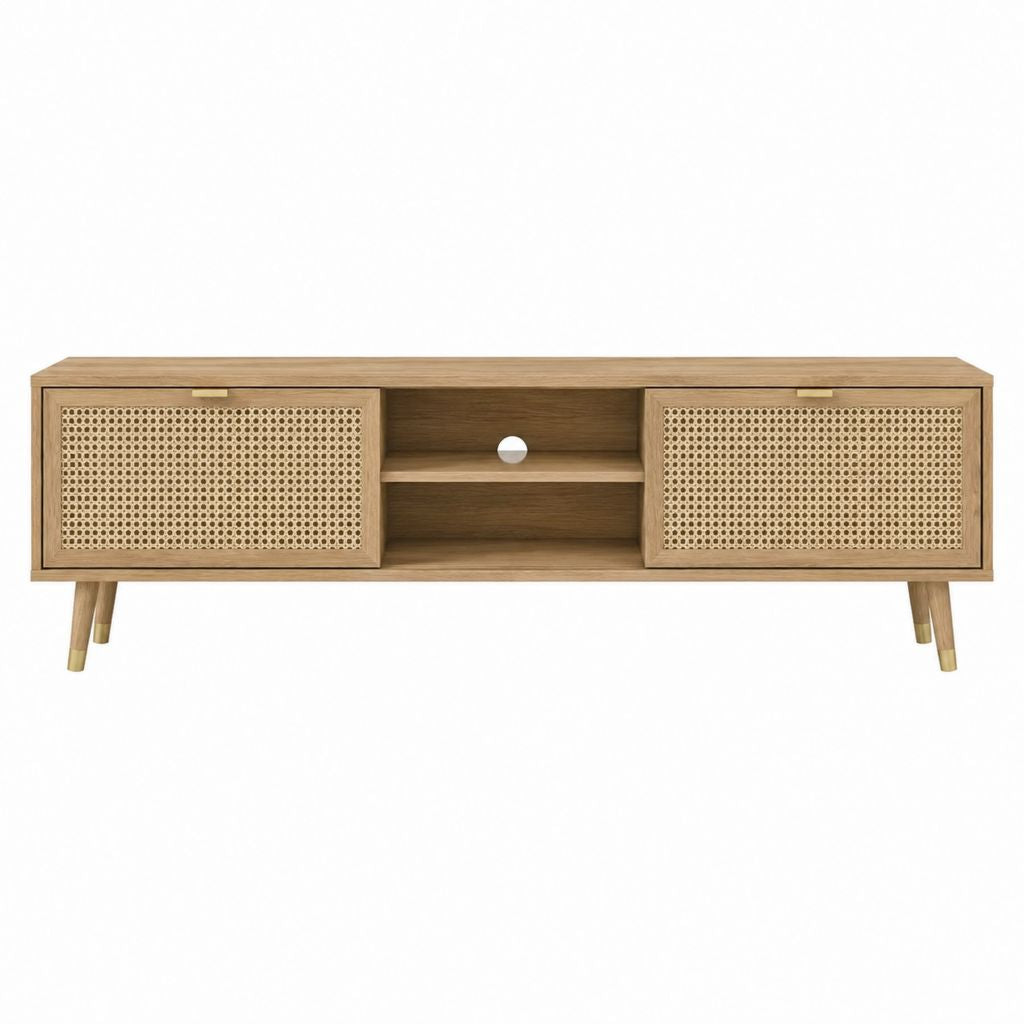 Meuble TV 180 cm naturel en panneaux MDF plaqués chêne avec portes en cannage de rotin