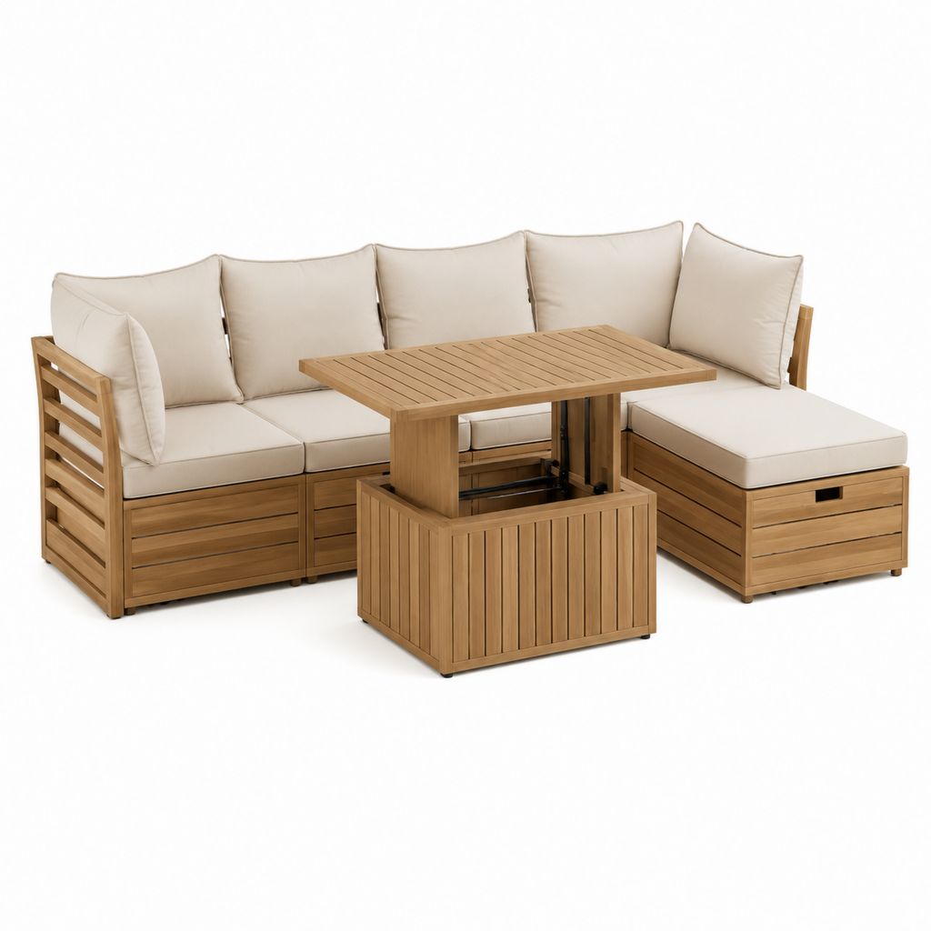 Salon de jardin d'angle 3 places en acacia massif beige avec table relevable 220 x 150 x 85 cm