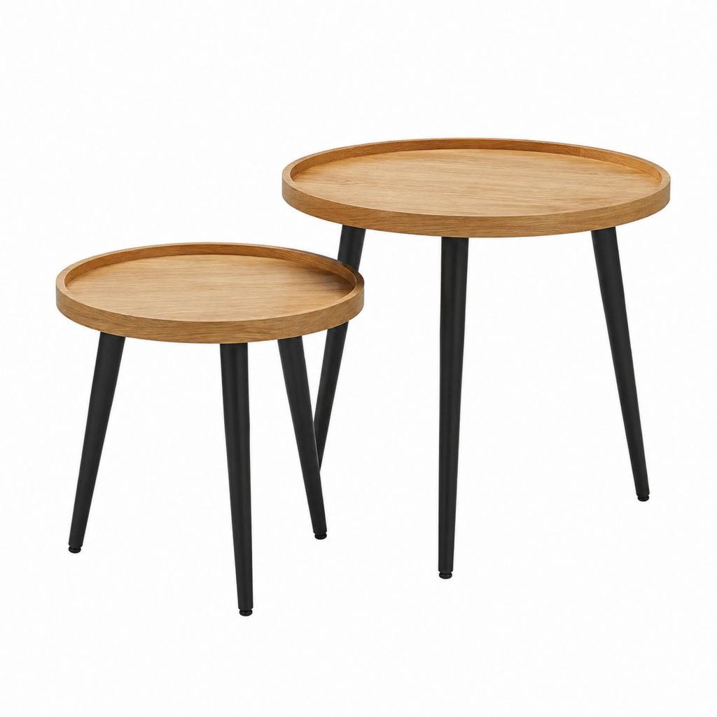 Lot de 2 tables basses rondes en MDF plaqué chêne avec pieds en acier noir Ø60 x H50 cm et Ø40 x H40 cm