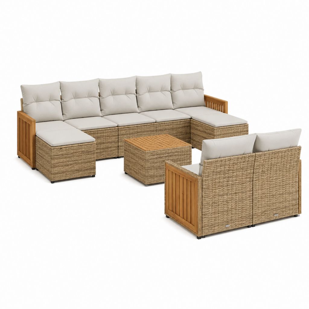 Salon de jardin d'angle 7 pièces beige en rotin synthétique PE et acacia 280 x 210 cm