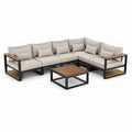 Salon de jardin d'angle 5 places avec table basse beige et noir en aluminium et acacia 270 x 210 x 70 cm