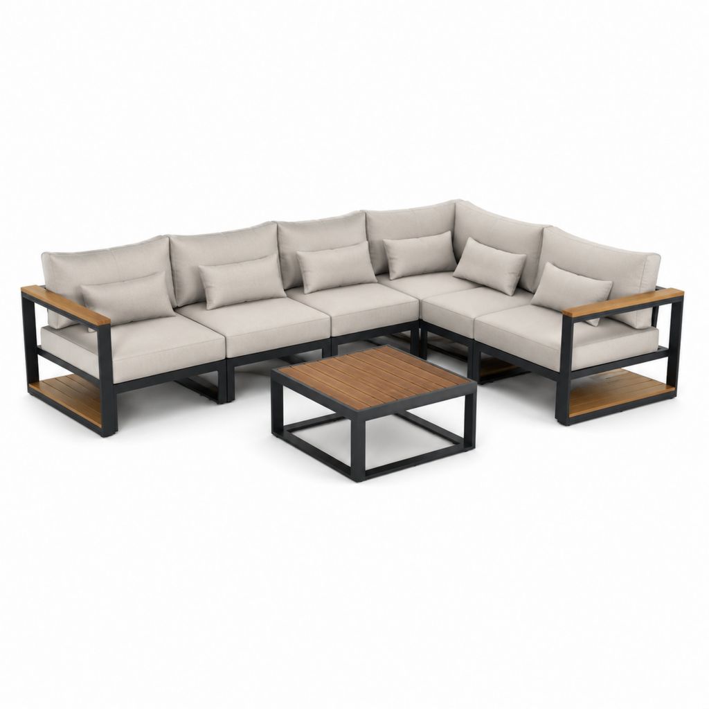 Salon de jardin d'angle 5 places avec table basse beige et noir en aluminium et acacia 270 x 210 x 70 cm