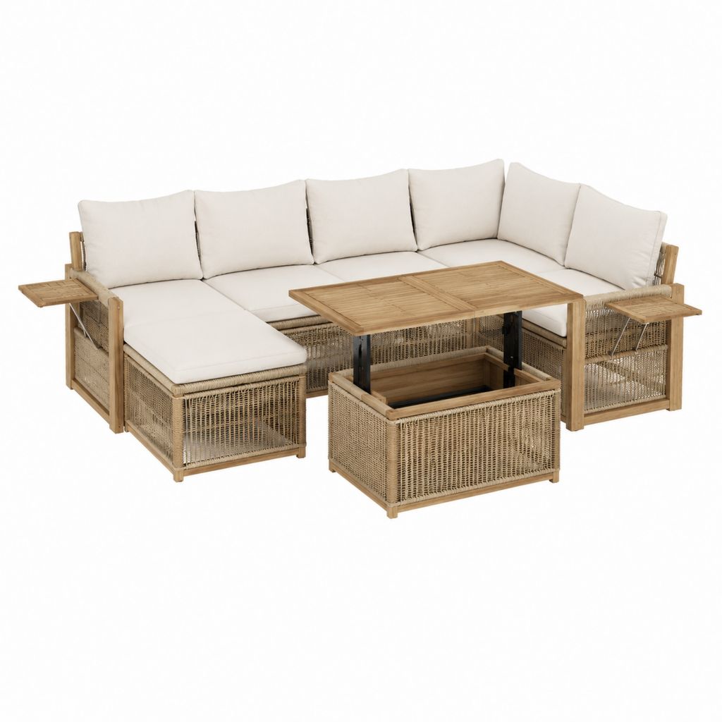 Salon de jardin d'angle 6 places beige en acacia massif et résine tressée avec table relevable 220 x 220 cm