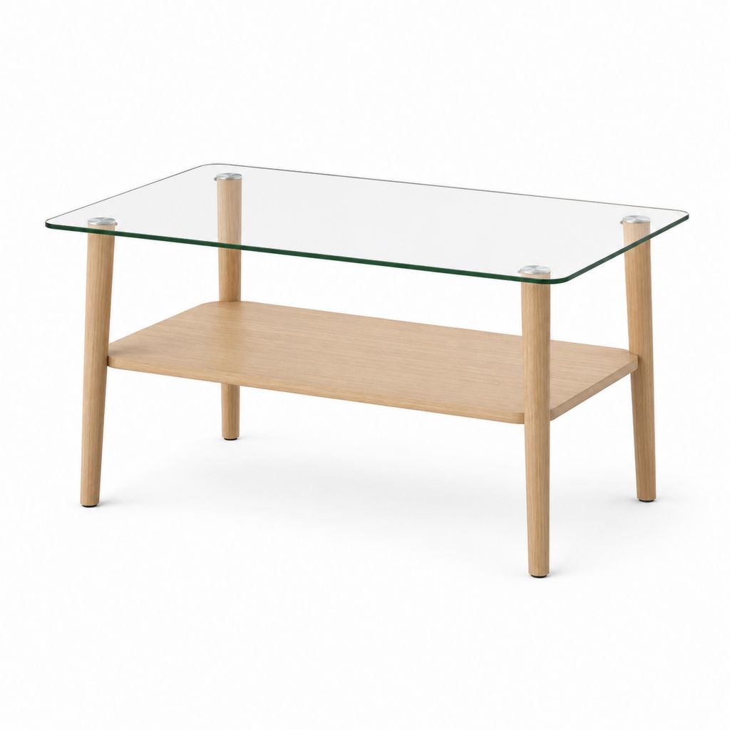 Table basse rectangulaire transparente en verre trempé et chêne massif 100 x 50 x 45 cm