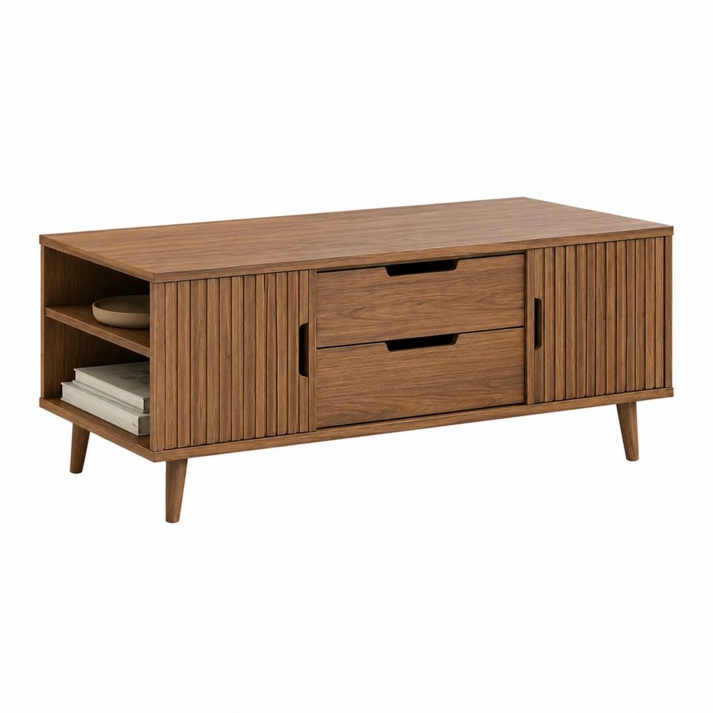 Table basse de rangement rectangulaire noyer en MDF plaqué 120 x 40 x 50 cm