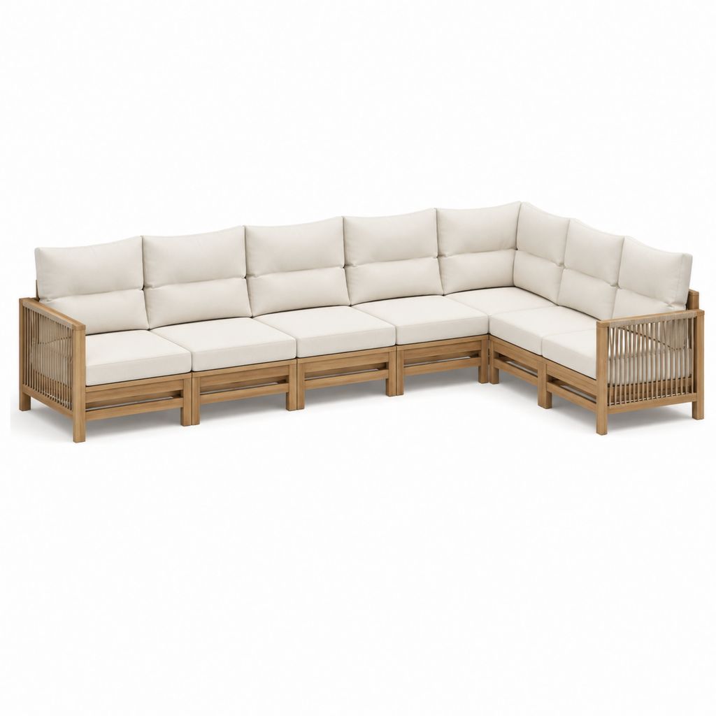 Canapé de jardin d'angle 5 places beige en bois massif d'acacia avec coussins 385 x 230 x 85 cm