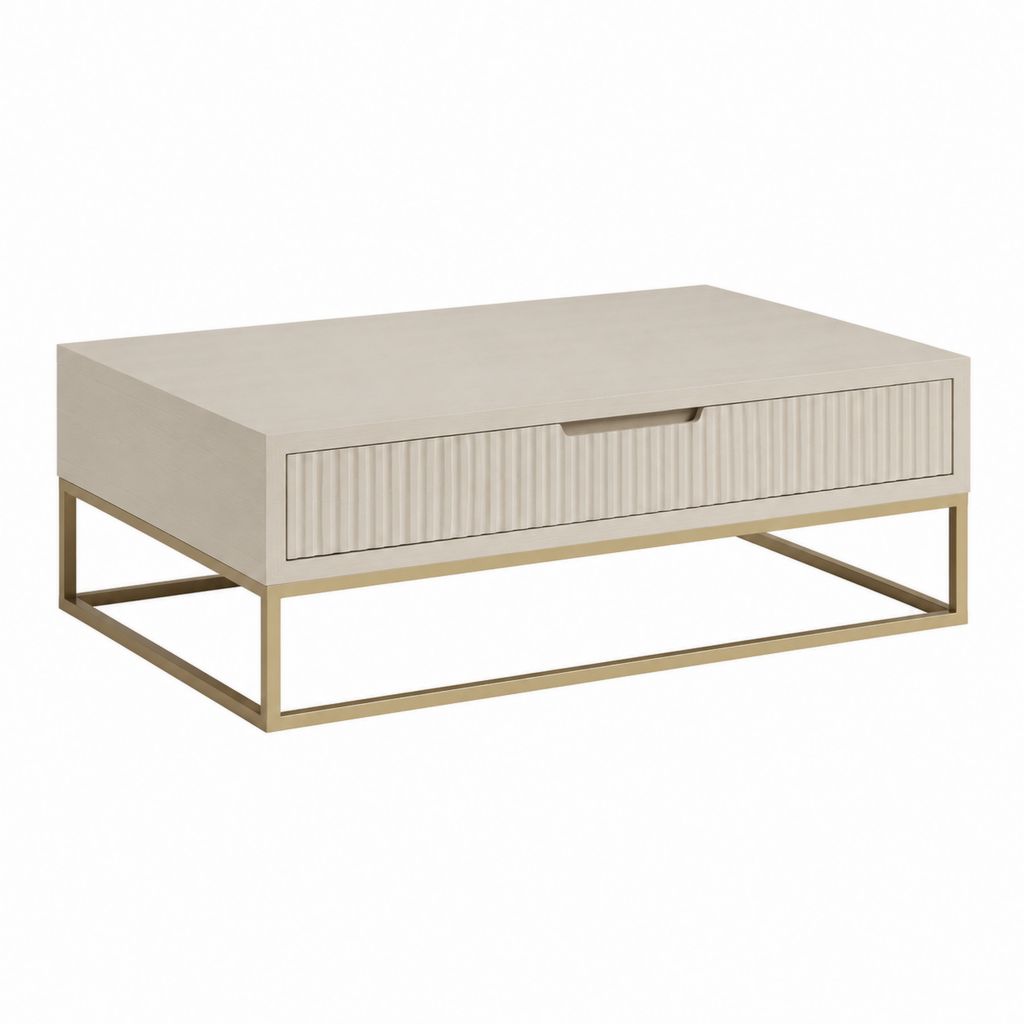 Table basse rectangulaire beige en panneaux MDF avec tiroir et piètement acier 100 x 60 x 40 cm