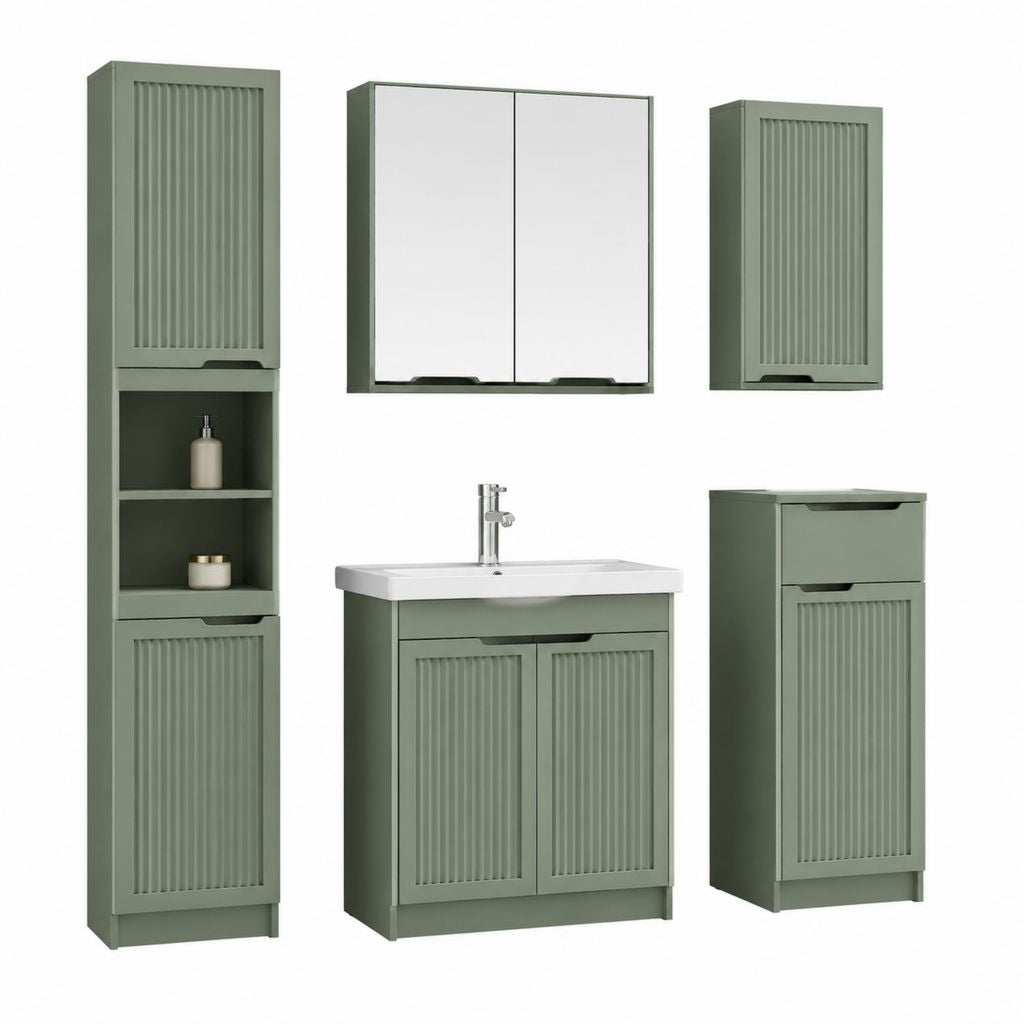 Ensemble de meubles de salle de bain 5 pièces vert sauge en MDF avec miroir et lavabo 80 x 46 x 85 cm