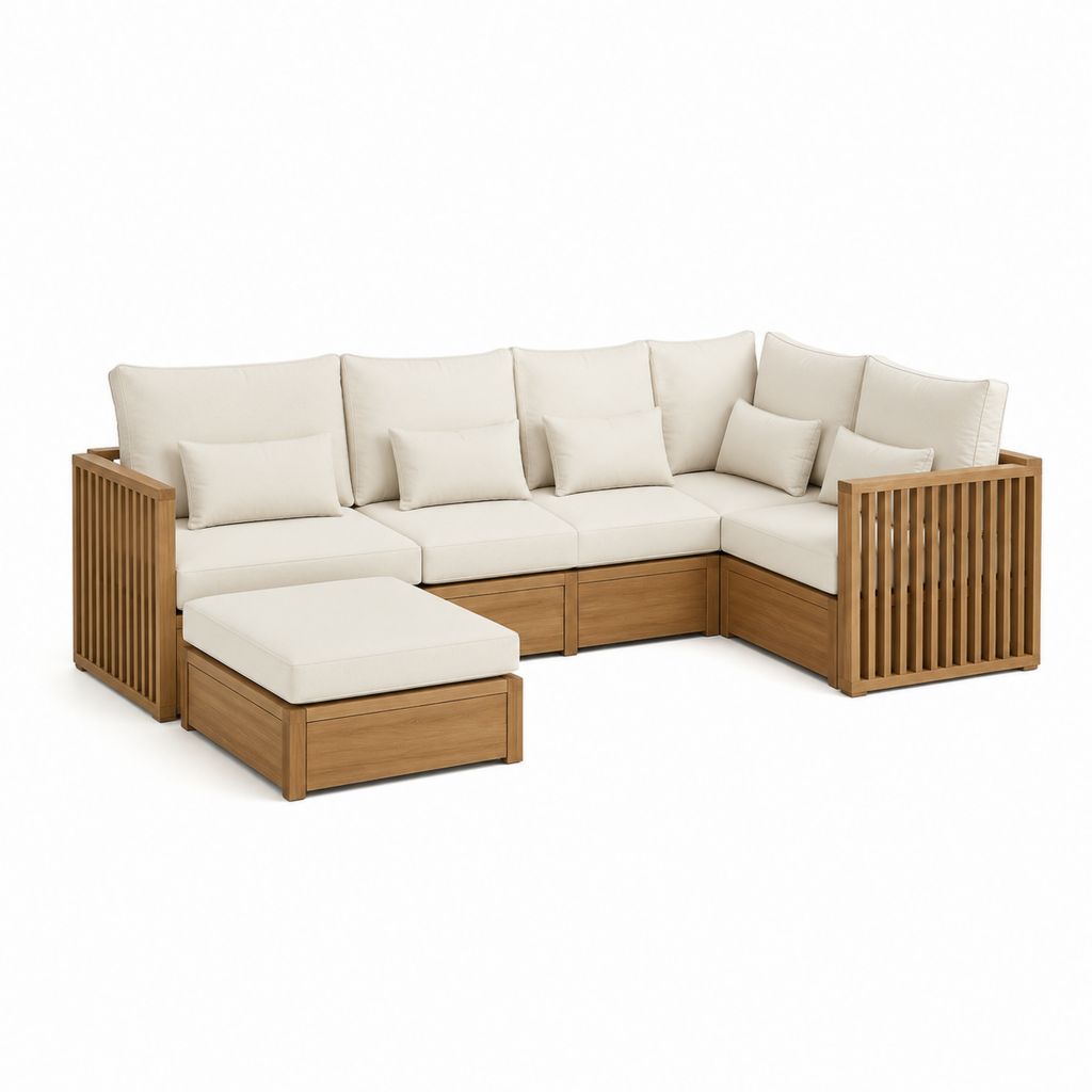 Salon de jardin d'angle 5 places avec repose-pieds beige en acacia massif 280 x 220 x 75 cm