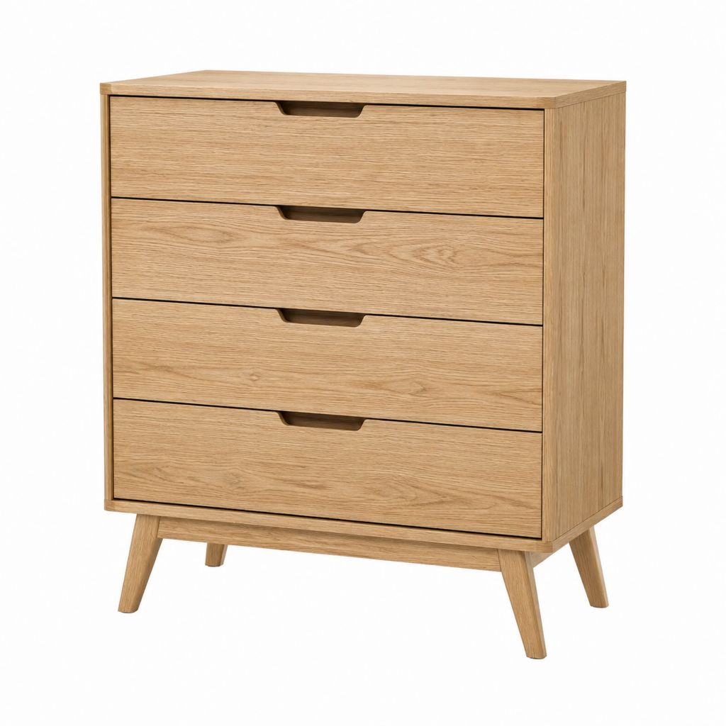Commode basse 4 tiroirs chêne naturel panneaux MDF plaqués chêne 80 x 40 x 95 cm