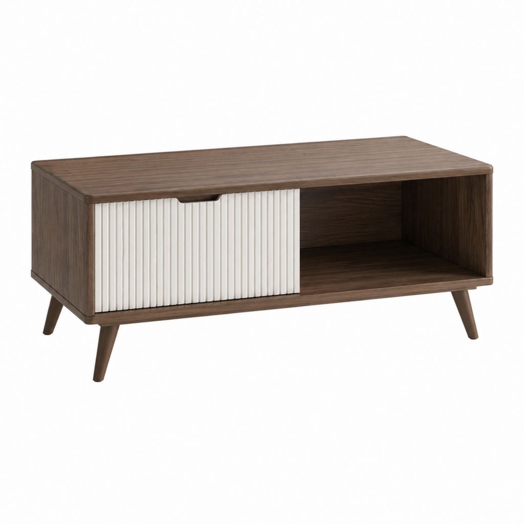 Table basse rectangulaire marron et blanc en panneaux MDF plaqués 100 x 50 x 45 cm avec rangement coulissant