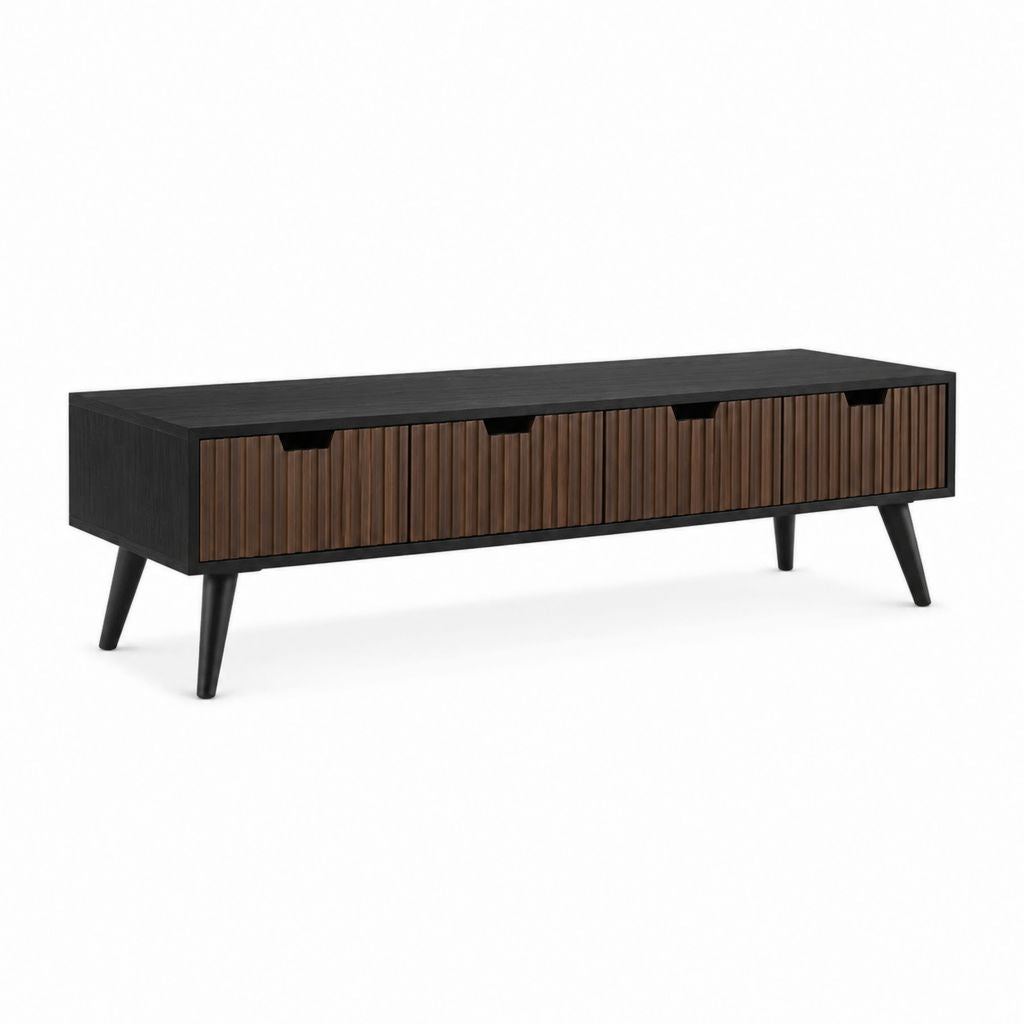 Meuble TV rectangulaire 4 portes noir noyer en panneaux MDF 180 x 40 x 55 cm